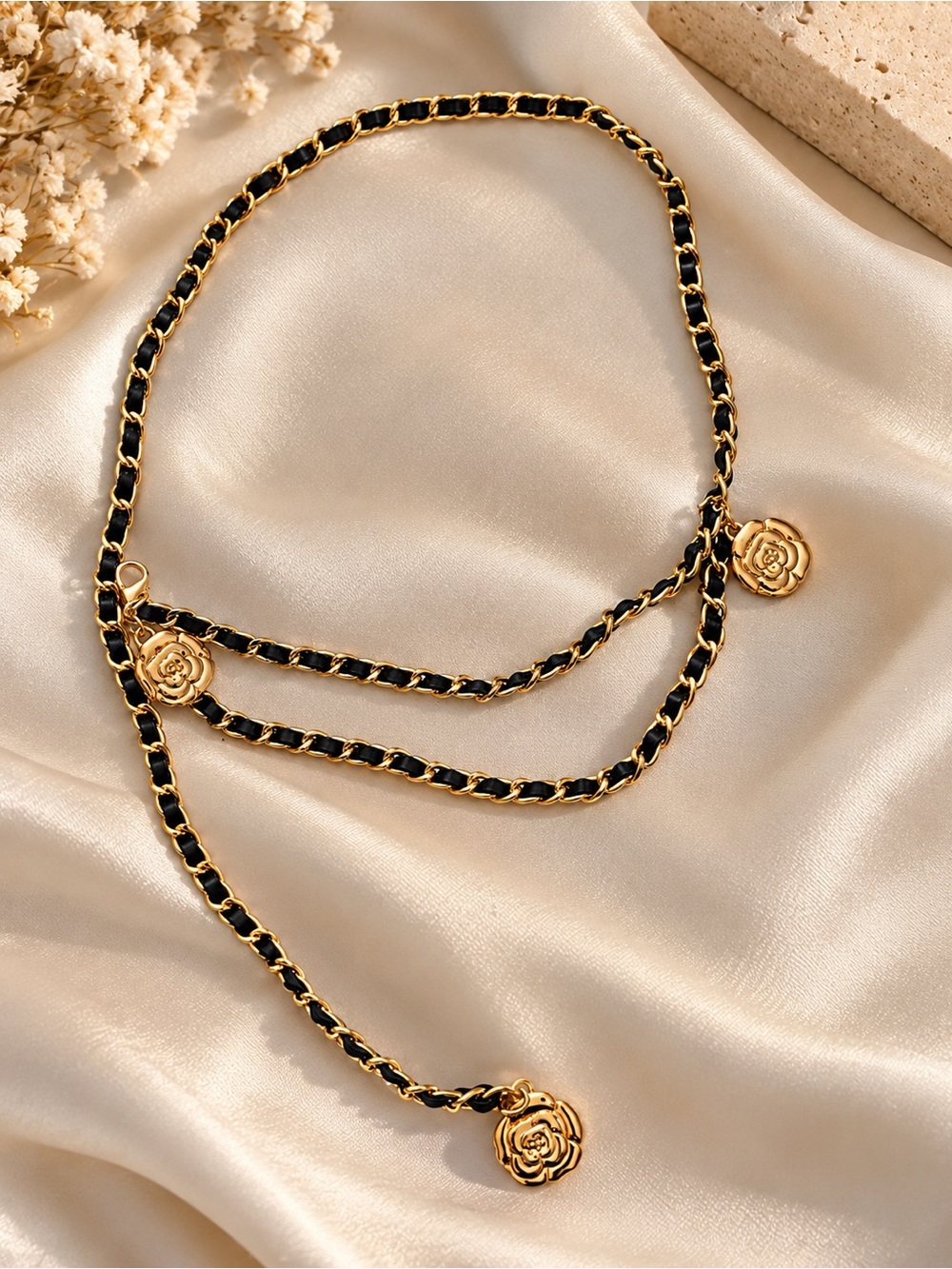 Gold and Black Chain Belt with Rose Charms